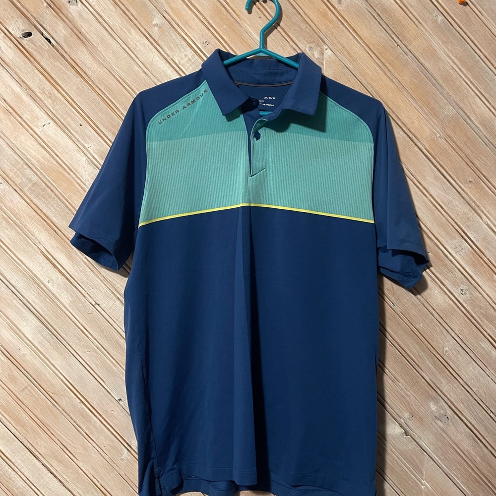 Under Armour Men's Blue, Teal & Green Polo Shirt button collar gold casual